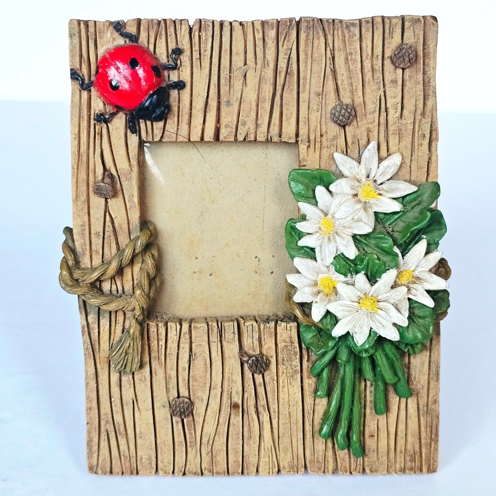 Vintage Resin Ladybug Daisy Faux Wood 2x2 Small Photo Frame Rustic Cottagecore